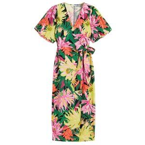 H&M Puff Sleeved Wrap Dress Green/Floral Bright Tropical XXL